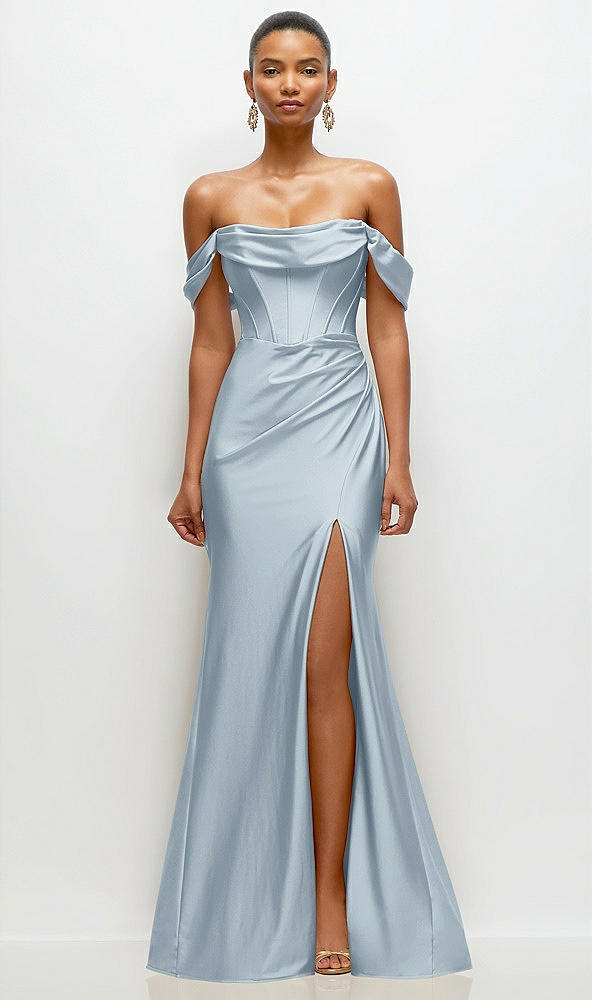 Front View - Mist Cowl Neck Off-the-Shoulder Stretch Satin Fit and Flare Corset Maxi Dress