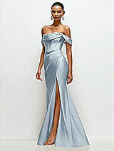 Side View Thumbnail - Mist Cowl Neck Off-the-Shoulder Stretch Satin Fit and Flare Corset Maxi Dress