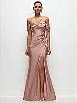 Front View Thumbnail - Neu Nude Cowl Neck Off-the-Shoulder Stretch Satin Fit and Flare Corset Maxi Dress