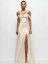 Front View Thumbnail - Oat Cowl Neck Off-the-Shoulder Stretch Satin Fit and Flare Corset Maxi Dress