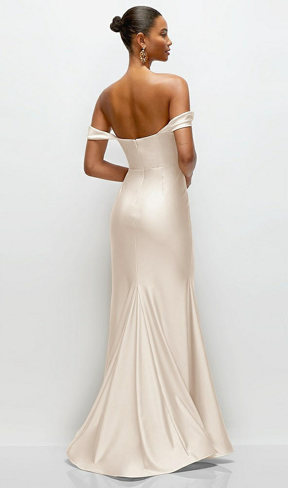 Back View - Oat Cowl Neck Off-the-Shoulder Stretch Satin Fit and Flare Corset Maxi Dress