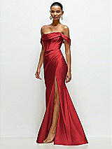 Side View Thumbnail - Poppy Red Cowl Neck Off-the-Shoulder Stretch Satin Fit and Flare Corset Maxi Dress