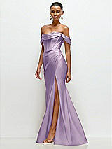 Side View Thumbnail - Pale Purple Cowl Neck Off-the-Shoulder Stretch Satin Fit and Flare Corset Maxi Dress