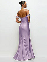 Rear View Thumbnail - Pale Purple Cowl Neck Off-the-Shoulder Stretch Satin Fit and Flare Corset Maxi Dress