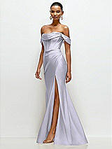 Side View Thumbnail - Silver Dove Cowl Neck Off-the-Shoulder Stretch Satin Fit and Flare Corset Maxi Dress