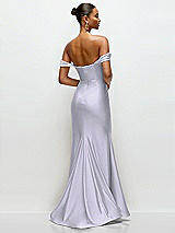 Rear View Thumbnail - Silver Dove Cowl Neck Off-the-Shoulder Stretch Satin Fit and Flare Corset Maxi Dress