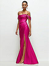 Side View Thumbnail - Think Pink Cowl Neck Off-the-Shoulder Stretch Satin Fit and Flare Corset Maxi Dress