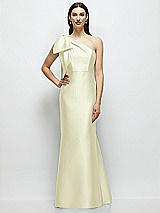 Side View Thumbnail - Butter Yellow Bow One-Shoulder Satin Maxi Dress with Trumpet Skirt