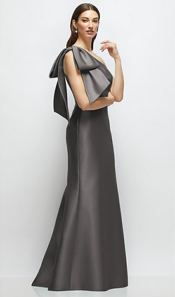 Front View - Caviar Gray Bow One-Shoulder Satin Maxi Dress with Trumpet Skirt