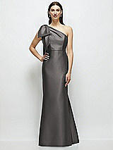 Side View Thumbnail - Caviar Gray Bow One-Shoulder Satin Maxi Dress with Trumpet Skirt