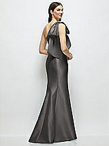 Rear View Thumbnail - Caviar Gray Bow One-Shoulder Satin Maxi Dress with Trumpet Skirt