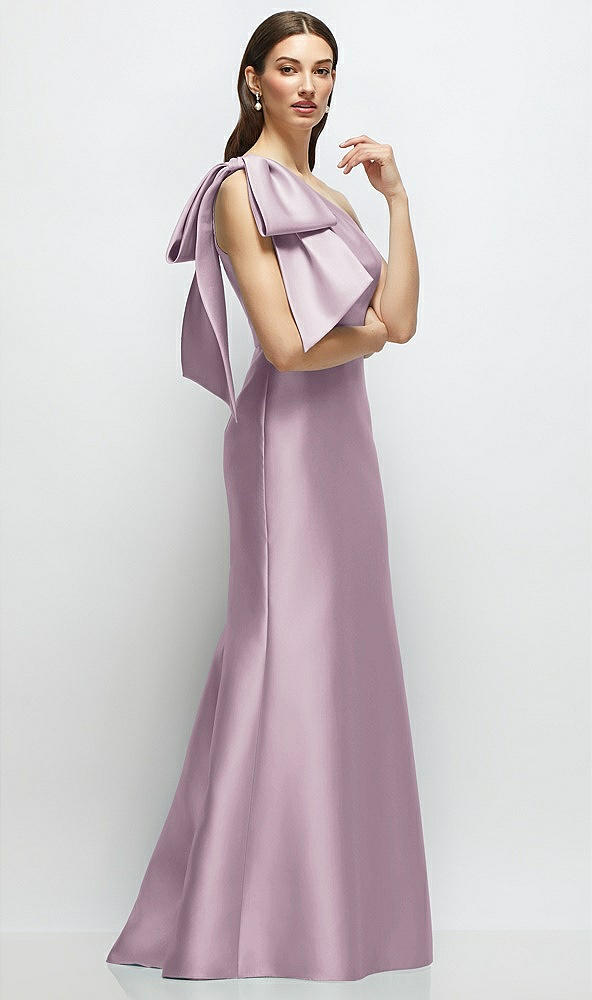 Front View - Suede Rose Bow One-Shoulder Satin Maxi Dress with Trumpet Skirt