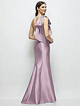 Rear View Thumbnail - Suede Rose Bow One-Shoulder Satin Maxi Dress with Trumpet Skirt