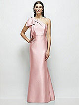 Side View Thumbnail - Ballet Pink Bow One-Shoulder Satin Maxi Dress with Trumpet Skirt