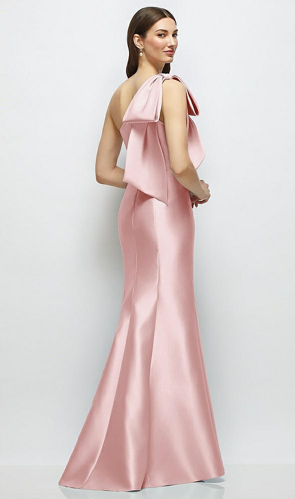 Back View - Ballet Pink Bow One-Shoulder Satin Maxi Dress with Trumpet Skirt