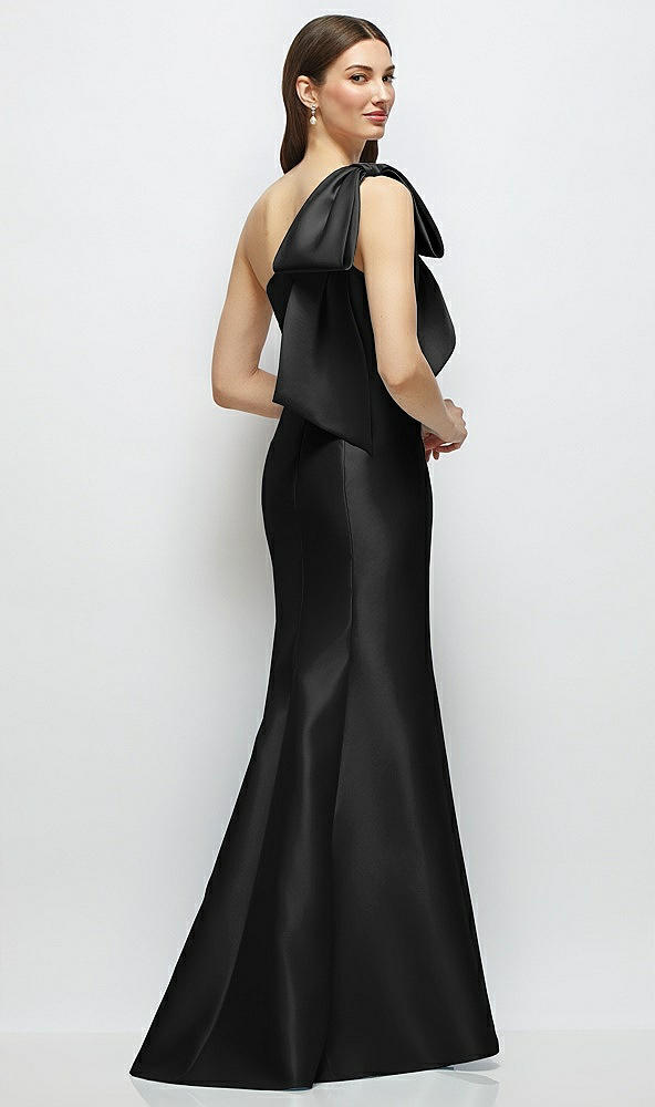 Back View - Black Bow One-Shoulder Satin Maxi Dress with Trumpet Skirt