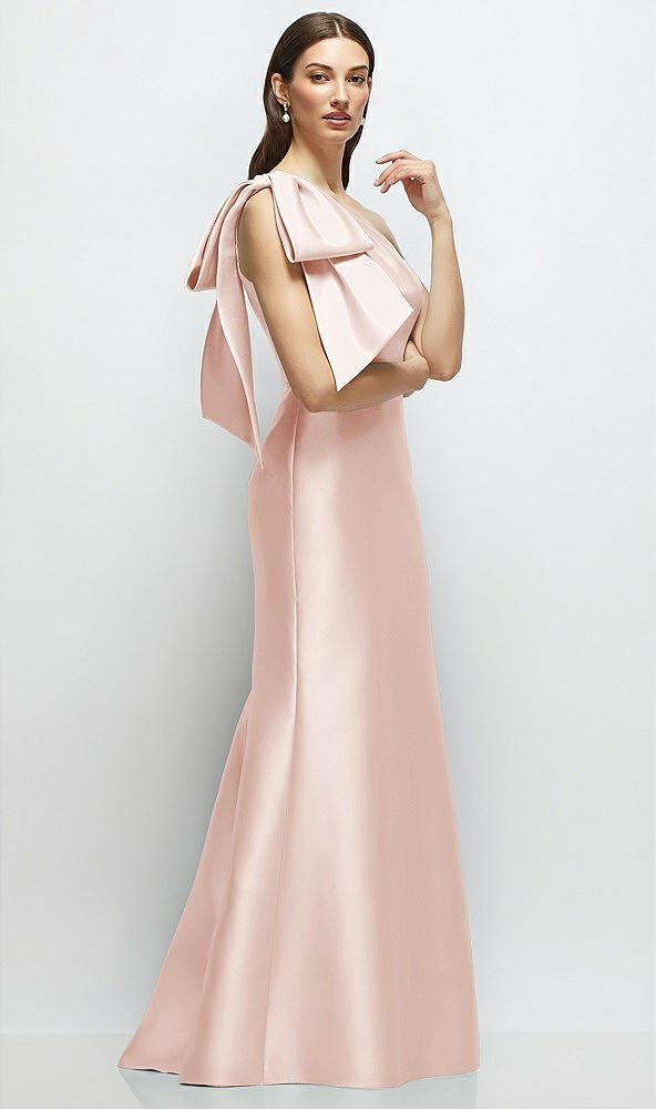 Front View - Blush Bow One-Shoulder Satin Maxi Dress with Trumpet Skirt