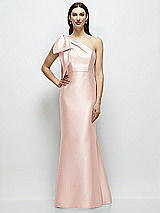 Side View Thumbnail - Blush Bow One-Shoulder Satin Maxi Dress with Trumpet Skirt