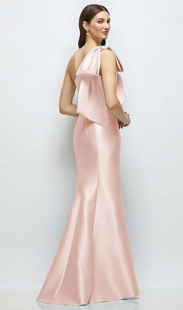 Back View - Blush Bow One-Shoulder Satin Maxi Dress with Trumpet Skirt