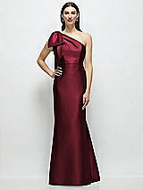 Side View Thumbnail - Cabernet Bow One-Shoulder Satin Maxi Dress with Trumpet Skirt