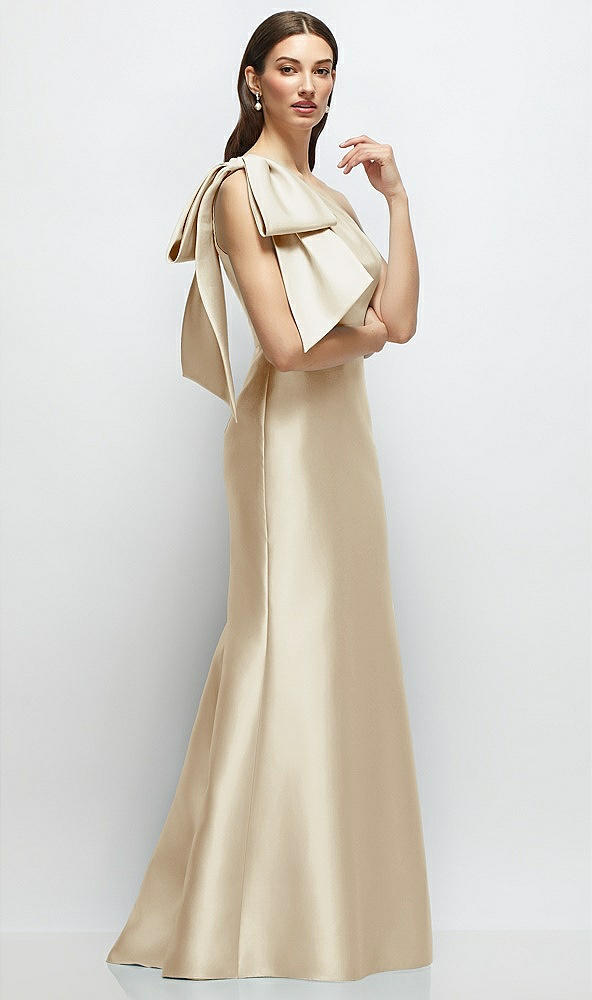 Front View - Champagne Bow One-Shoulder Satin Maxi Dress with Trumpet Skirt