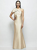 Side View Thumbnail - Champagne Bow One-Shoulder Satin Maxi Dress with Trumpet Skirt