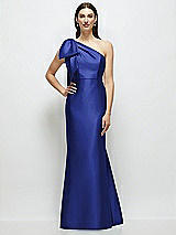 Side View Thumbnail - Cobalt Blue Bow One-Shoulder Satin Maxi Dress with Trumpet Skirt