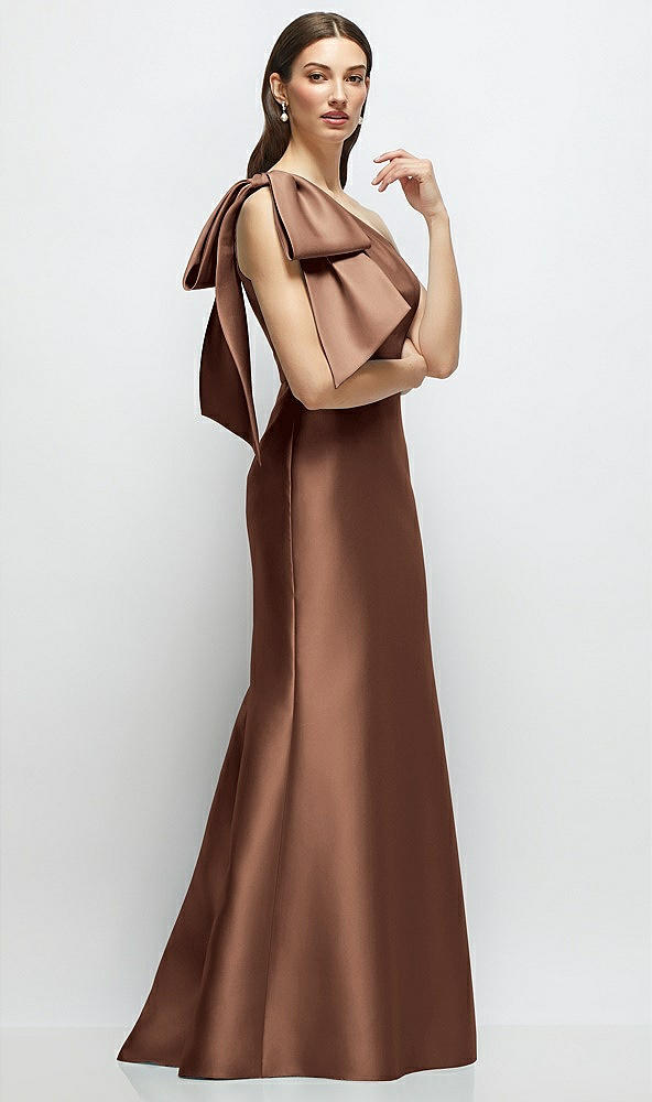 Front View - Cognac Bow One-Shoulder Satin Maxi Dress with Trumpet Skirt