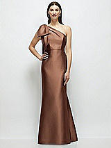 Side View Thumbnail - Cognac Bow One-Shoulder Satin Maxi Dress with Trumpet Skirt