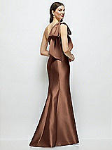 Rear View Thumbnail - Cognac Bow One-Shoulder Satin Maxi Dress with Trumpet Skirt