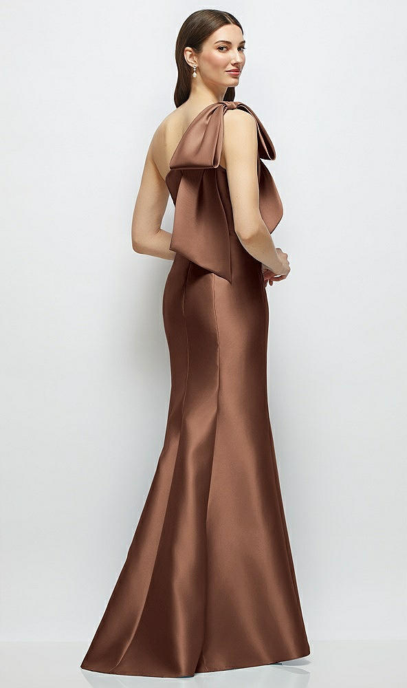 Back View - Cognac Bow One-Shoulder Satin Maxi Dress with Trumpet Skirt