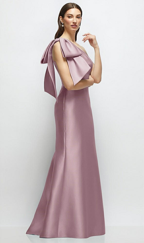 Front View - Dusty Rose Bow One-Shoulder Satin Maxi Dress with Trumpet Skirt