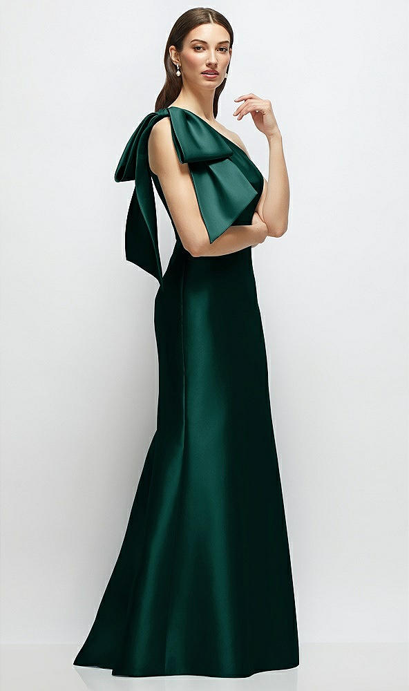 Front View - Evergreen Bow One-Shoulder Satin Maxi Dress with Trumpet Skirt