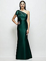 Side View Thumbnail - Evergreen Bow One-Shoulder Satin Maxi Dress with Trumpet Skirt