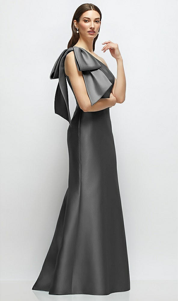 Front View - Gunmetal Bow One-Shoulder Satin Maxi Dress with Trumpet Skirt