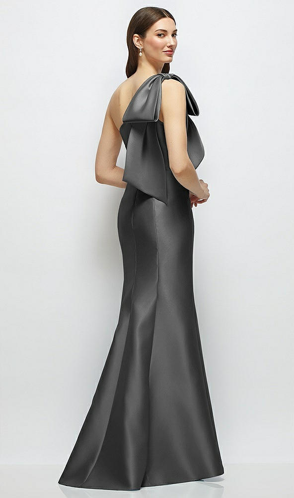 Back View - Gunmetal Bow One-Shoulder Satin Maxi Dress with Trumpet Skirt