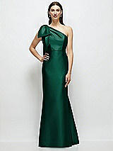 Side View Thumbnail - Hunter Green Bow One-Shoulder Satin Maxi Dress with Trumpet Skirt