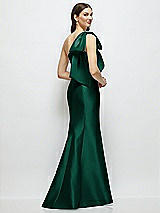 Rear View Thumbnail - Hunter Green Bow One-Shoulder Satin Maxi Dress with Trumpet Skirt