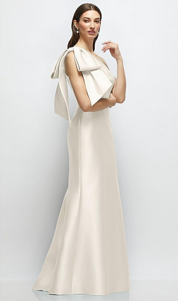 Front View - Ivory Bow One-Shoulder Satin Maxi Dress with Trumpet Skirt