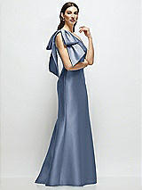 Front View Thumbnail - Larkspur Blue Bow One-Shoulder Satin Maxi Dress with Trumpet Skirt