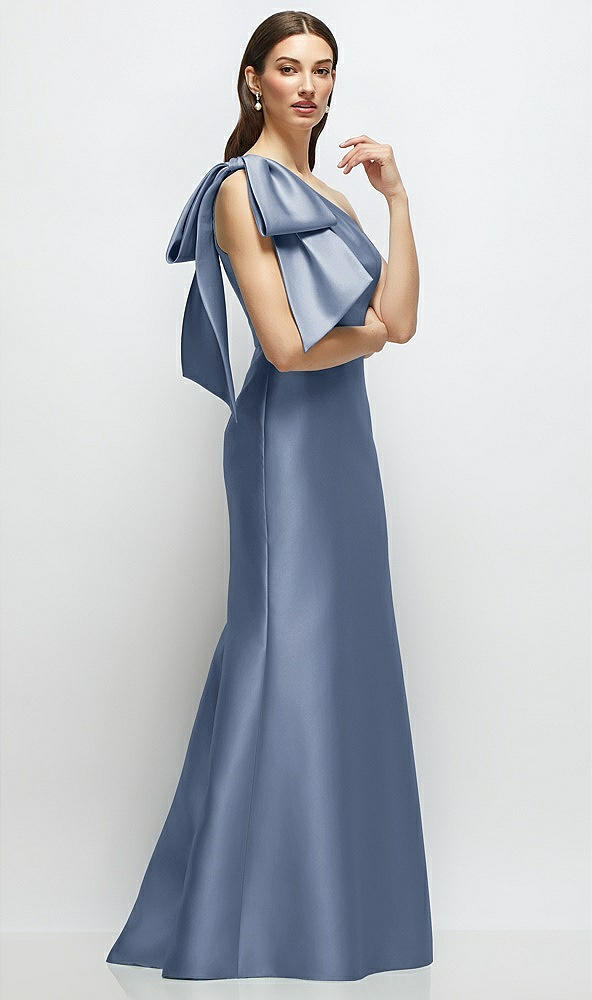 Front View - Larkspur Blue Bow One-Shoulder Satin Maxi Dress with Trumpet Skirt