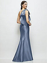 Rear View Thumbnail - Larkspur Blue Bow One-Shoulder Satin Maxi Dress with Trumpet Skirt