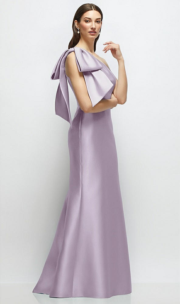 Front View - Lilac Haze Bow One-Shoulder Satin Maxi Dress with Trumpet Skirt