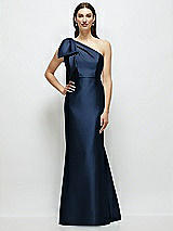 Side View Thumbnail - Midnight Navy Bow One-Shoulder Satin Maxi Dress with Trumpet Skirt