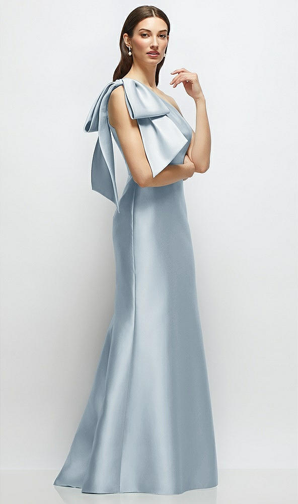 Front View - Mist Bow One-Shoulder Satin Maxi Dress with Trumpet Skirt