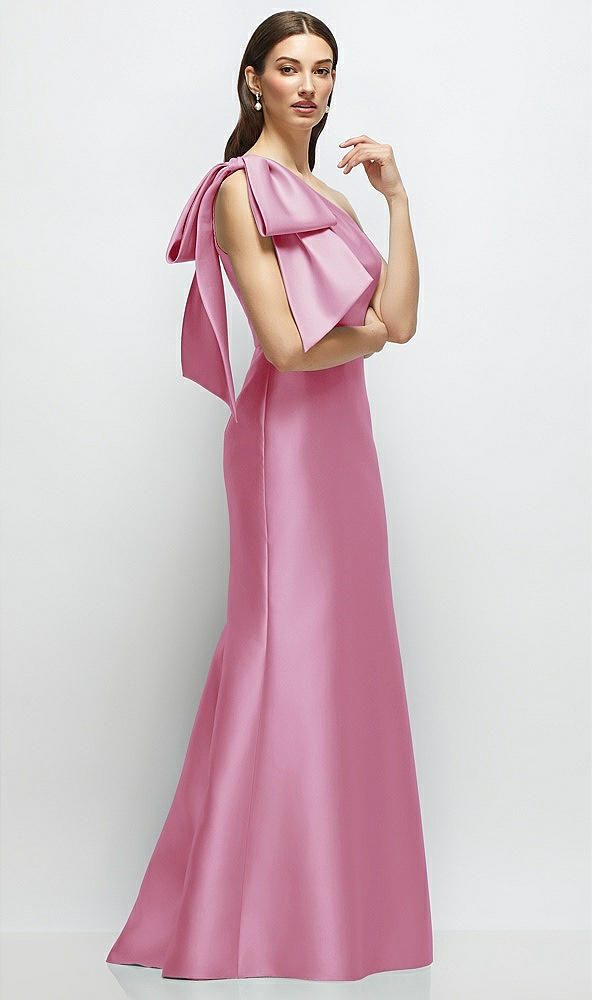 Front View - Powder Pink Bow One-Shoulder Satin Maxi Dress with Trumpet Skirt