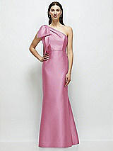 Side View Thumbnail - Powder Pink Bow One-Shoulder Satin Maxi Dress with Trumpet Skirt