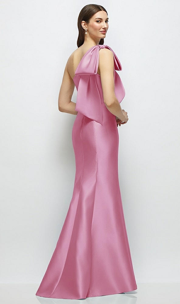 Back View - Powder Pink Bow One-Shoulder Satin Maxi Dress with Trumpet Skirt