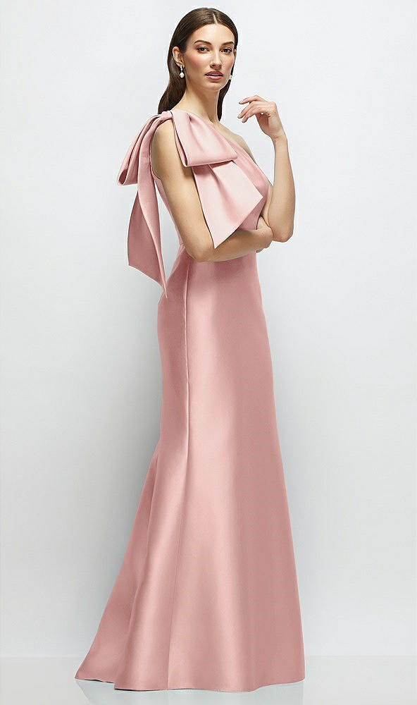 Front View - Rose Bow One-Shoulder Satin Maxi Dress with Trumpet Skirt