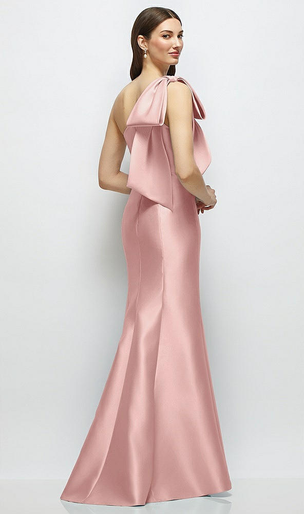 Back View - Rose Bow One-Shoulder Satin Maxi Dress with Trumpet Skirt